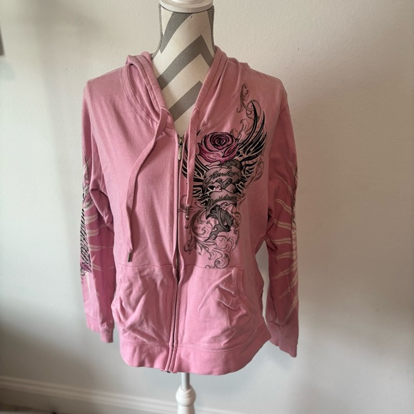 Women’s Harley-Davidson Pink Zip Up Hoodie Size 1X | Graphic Rose & Skull Winged - Picture 1 of 8